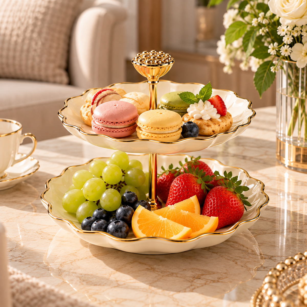 Small Lotus-Shaped Double-Tier Fruit Tray