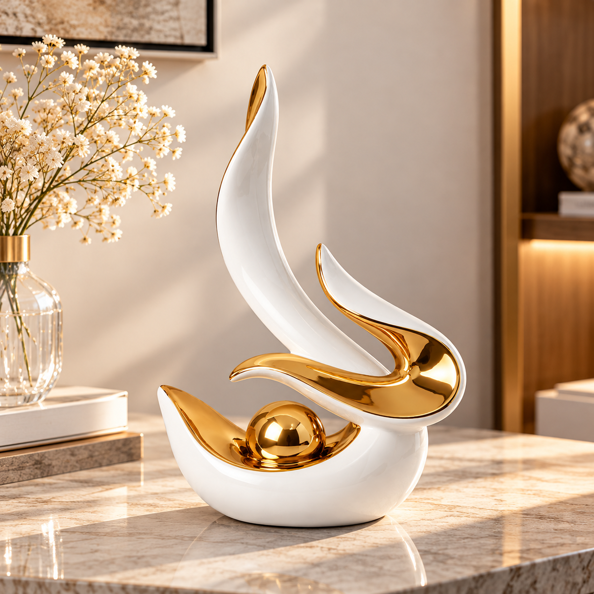 White &amp; Gold Ceramic Decorative Sculpture