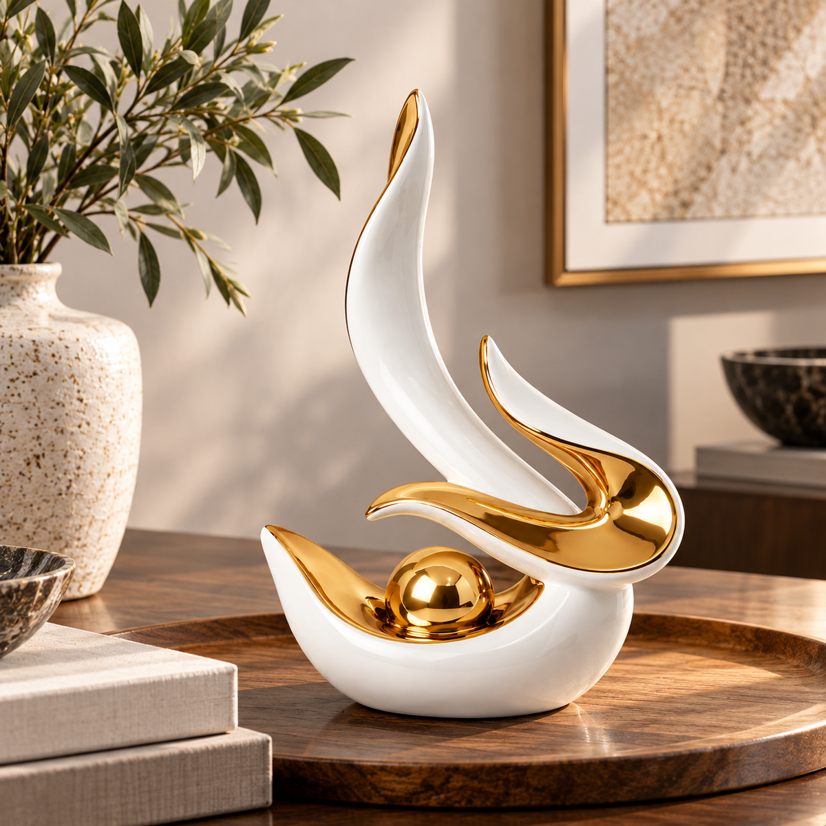 White &amp; Gold Ceramic Decorative Sculpture
